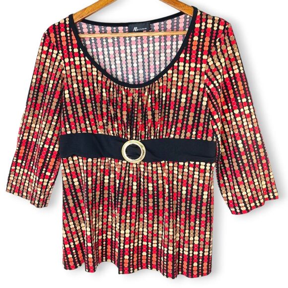 AB Studio Red Gold Black Faux Belt Polkadot Circles Blouse Italian Mob Wife Sz L - Picture 1 of 11